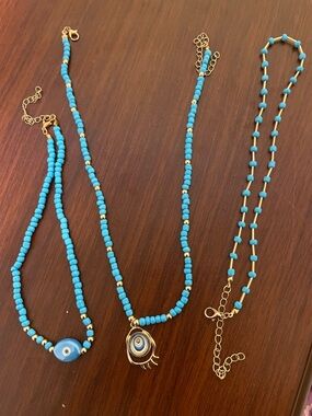 3 Turquoise Beaded Evil Eye Necklaces w/ Gold Accents